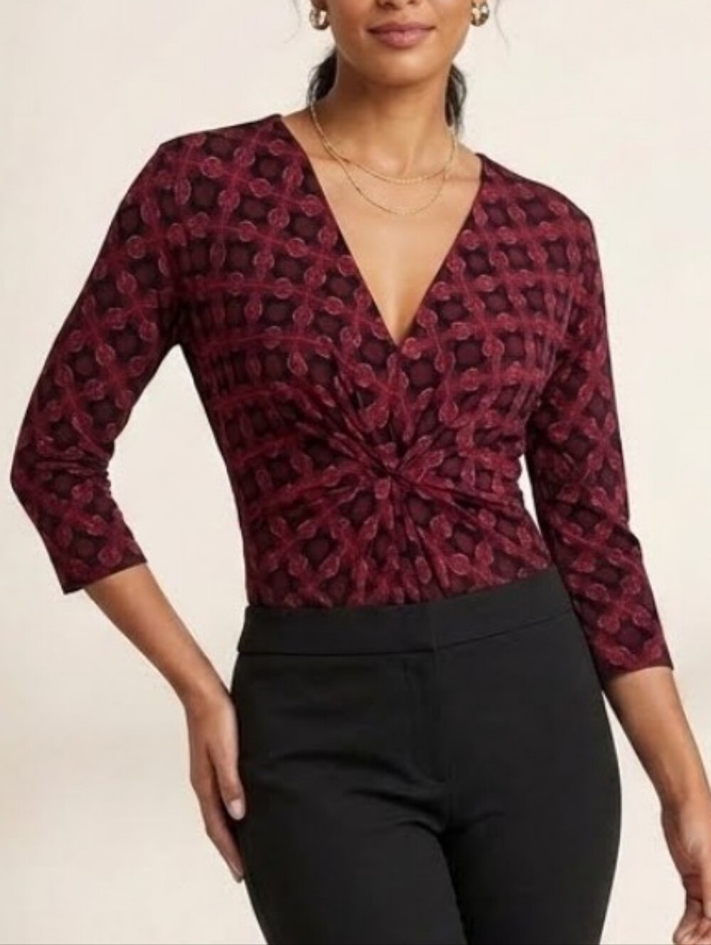 New York & Company Geometric Print Twist Front VNeck Blouse